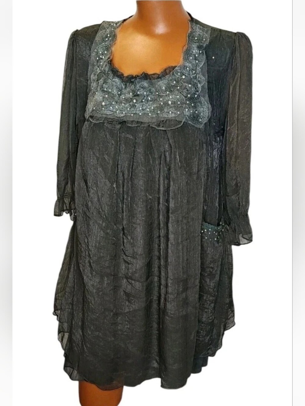 Pretty Angel Whimisgoth Silk Tunic Layered Sheer Chiffon Rhinestones Gothic Med